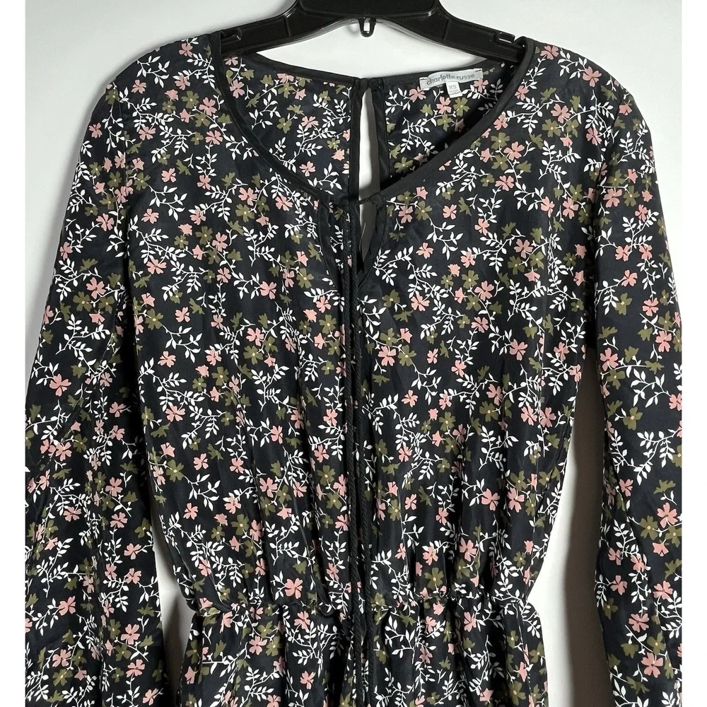 Charlotte Russe Sz Sm Black Pink Floral Long Sleeve‎ Romper Tie Front Light Boho